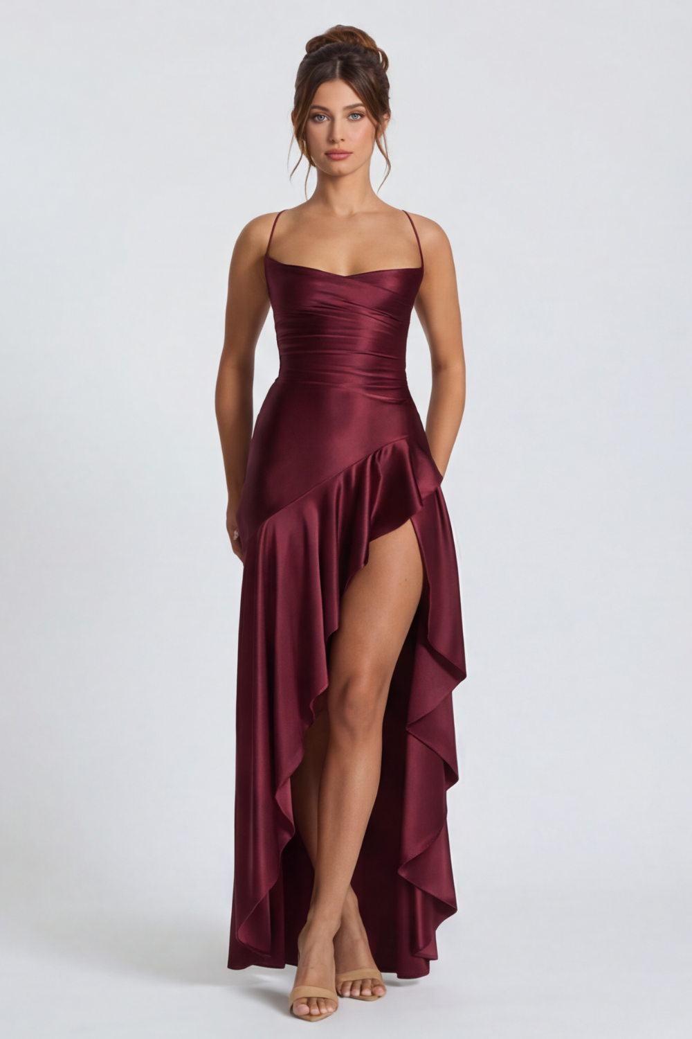 Elowen Satin Ruffle Maxi Dress - Cherry